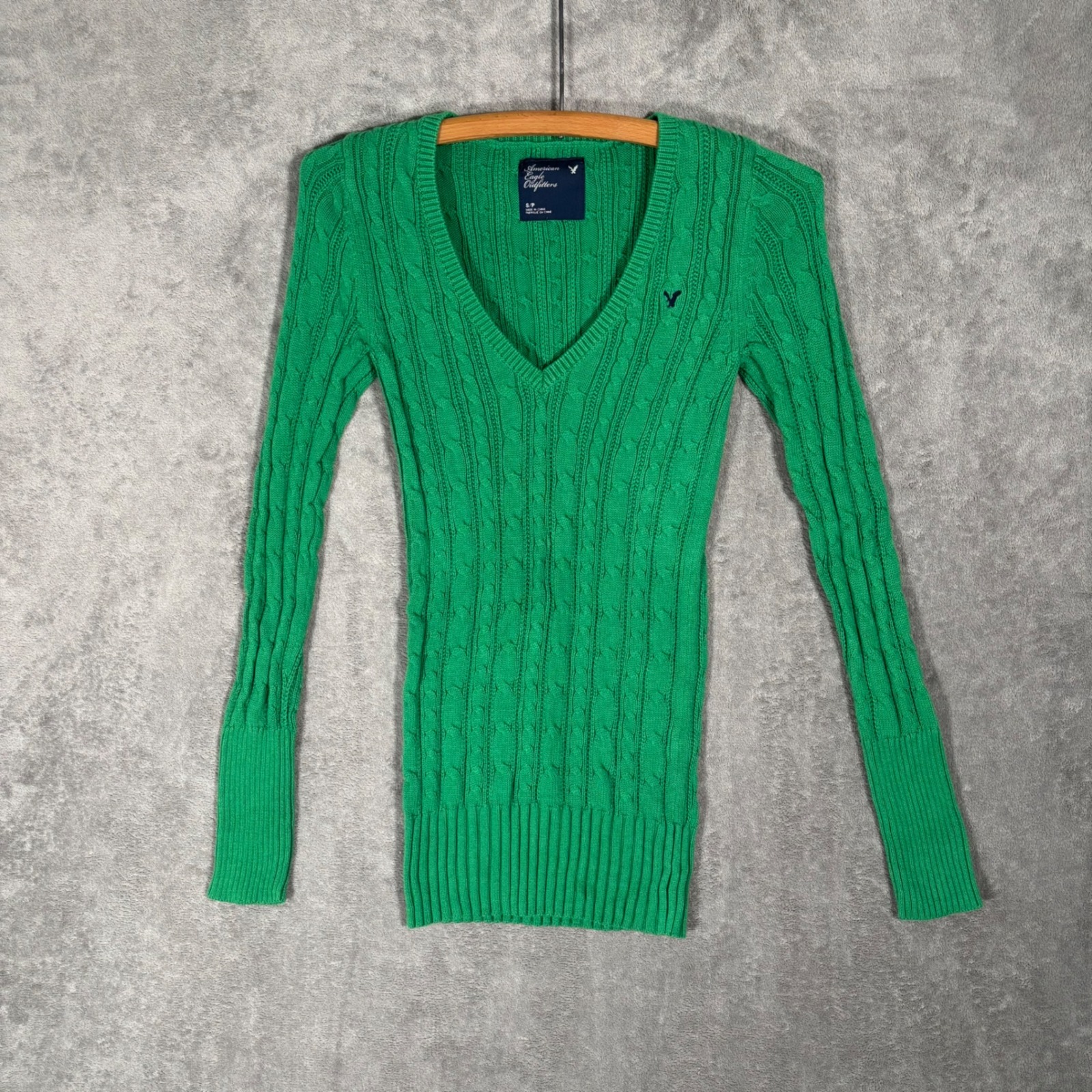 Vintage American Eagle V-Neck Sweater Women's Size S Fitted Green Cable Knit Y2k